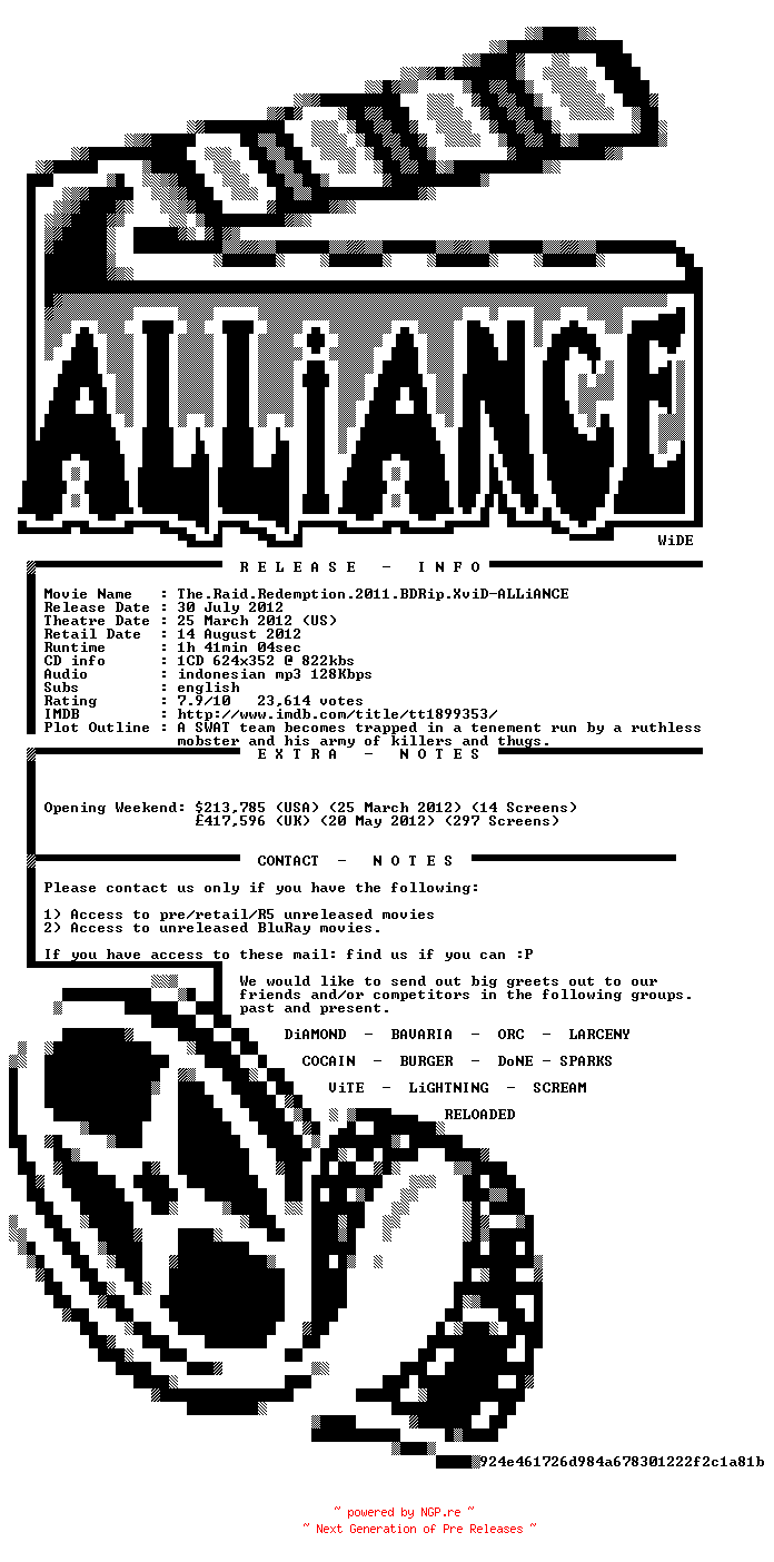 NFO for the release The.Raid.Redemption.2011.BDRip.XviD-ALLiANCE by ALLiANCE