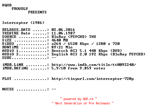 NFO for the release Interceptor.1986.German.AC3D.DL.720p.BluRay.x264-HQOD by HQOD