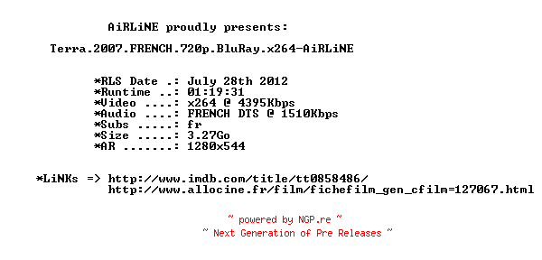 NFO for the release Terra.2007.FRENCH.720p.BluRay.x264-AiRLiNE by AiRLiNE