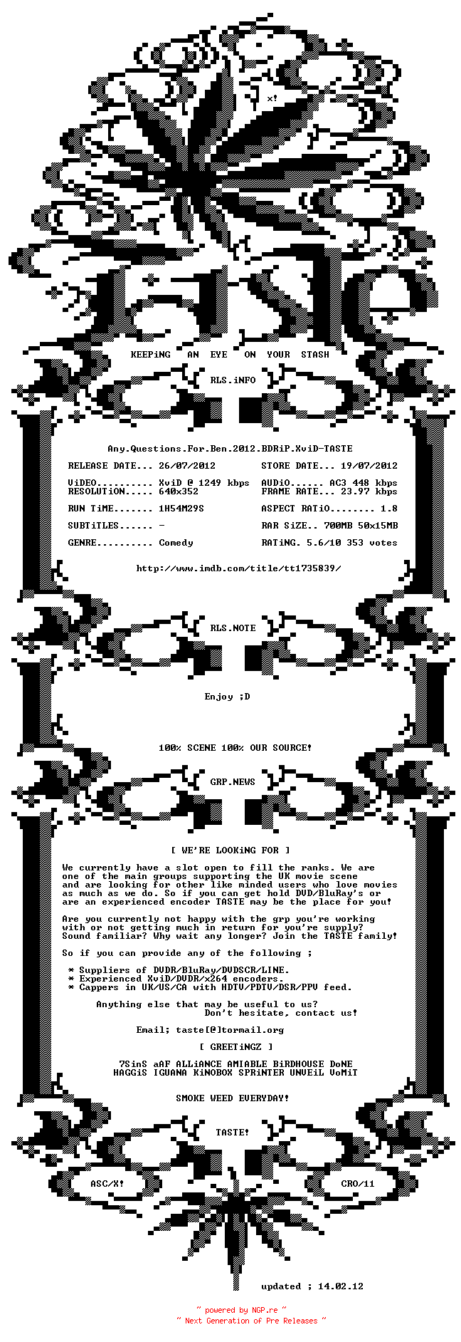 NFO for the release Any.Questions.For.Ben.2012.BDRiP.XviD-TASTE by TASTE