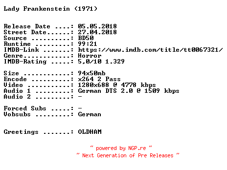 NFO for the release Lady.Frankenstein.1971.UNCUT.German.720p.BluRay.x264-SPiCY by SPiCY