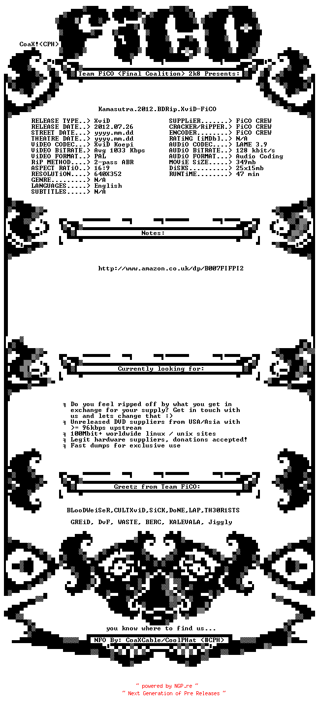 NFO for the release Kamasutra.2012.BDRip.XviD-FiCO by FiCO