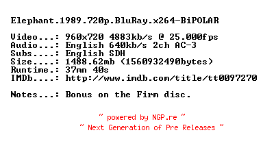 NFO for the release Elephant.1989.720p.BluRay.x264-BiPOLAR by BiPOLAR