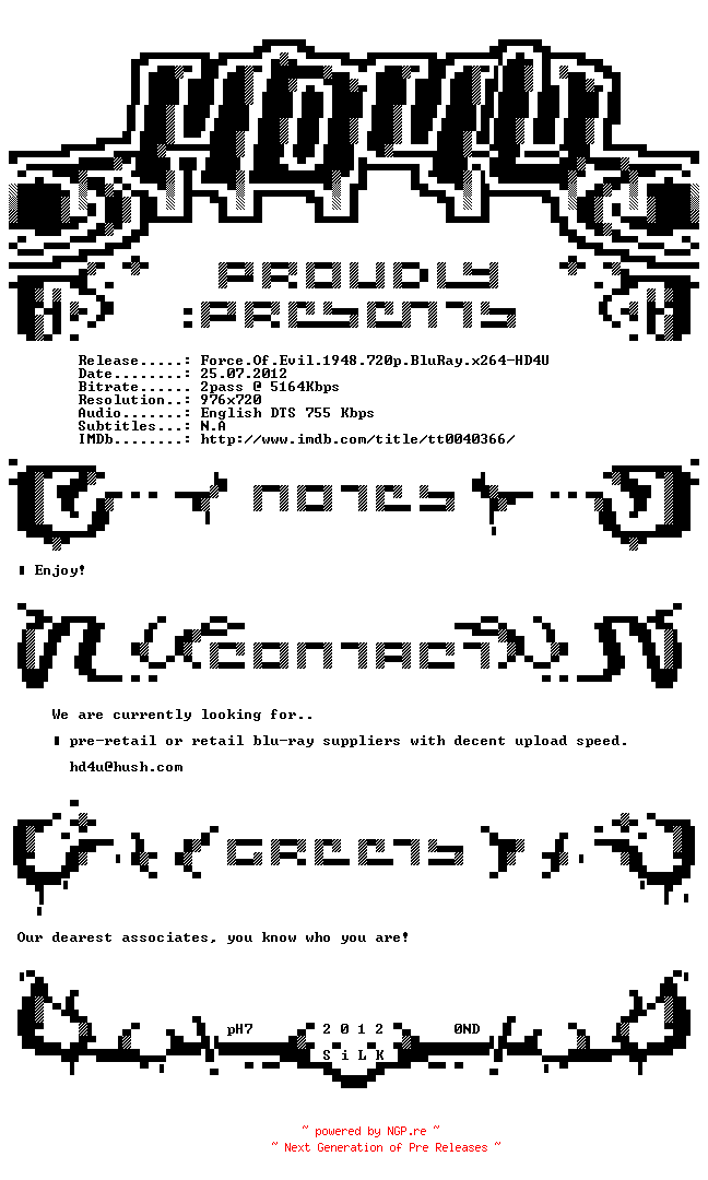 NFO for the release Force.Of.Evil.1948.720p.BluRay.x264-HD4U by HD4U