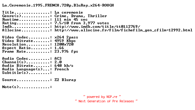 NFO for the release La.Ceremonie.1995.FRENCH.720p.BluRay.x264-ROUGH by ROUGH