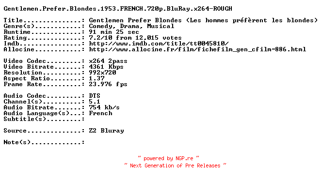 NFO for the release Gentlemen.Prefer.Blondes.1953.FRENCH.720p.BluRay.x264-ROUGH by ROUGH