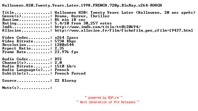 NFO for the release Halloween.H20.Twenty.Years.Later.1998.FRENCH.720p.BluRay.x264-ROUGH by ROUGH