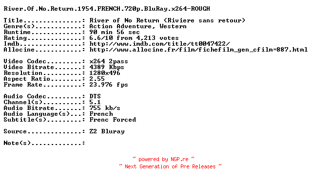 NFO for the release River.Of.No.Return.1954.FRENCH.720p.BluRay.x264-ROUGH by ROUGH
