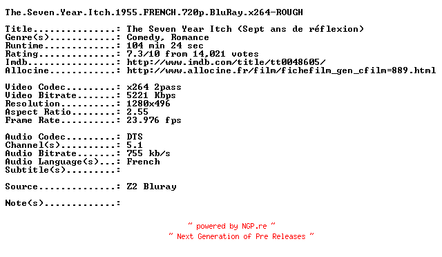 NFO for the release The.Seven.Year.Itch.1955.FRENCH.720p.BluRay.x264-ROUGH by ROUGH