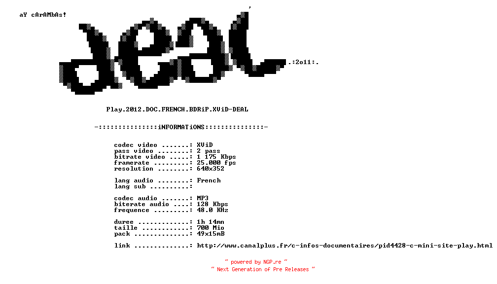 NFO for the release Play.2012.DOC.FRENCH.BDRiP.XViD-DEAL by DEAL