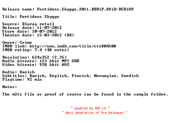 NFO for the release Fortidens.Skygge.2011.BDRiP.XViD-RCDiVX by RCDiVX