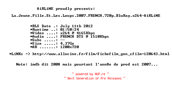 NFO for the release La.Jeune.Fille.Et.Les.Loups.2007.FRENCH.720p.BluRay.x264-AiRLiNE by AiRLiNE