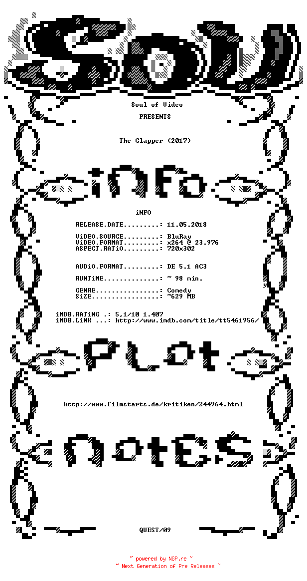 NFO for the release The.Clapper.2017.GERMAN.Dubbed.BDRiP.x264-SOV by SOV