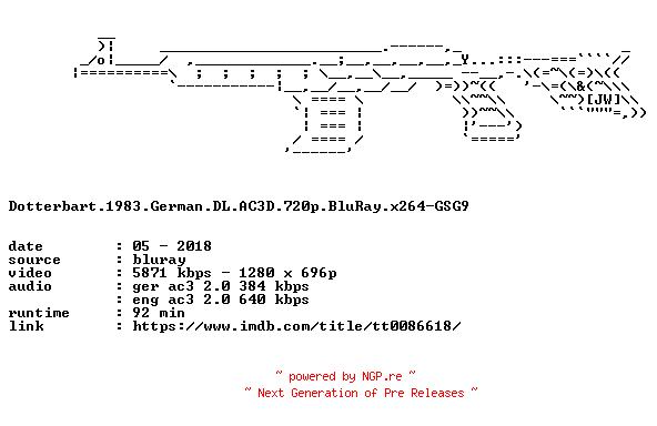 NFO for the release Dotterbart.1983.German.DL.AC3D.720p.BluRay.x264-GSG9 by GSG9