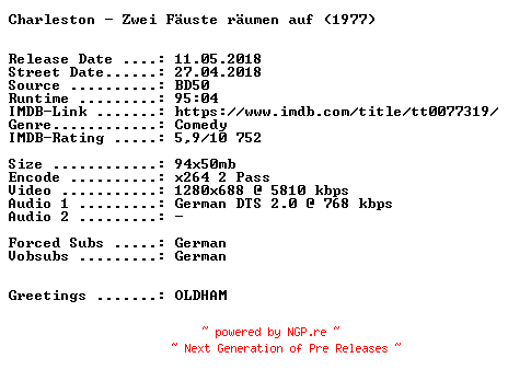 NFO for the release Charleston.Zwei.Faeuste.raeumen.auf.1977.German.720p.BluRay.x264-SPiCY by SPiCY
