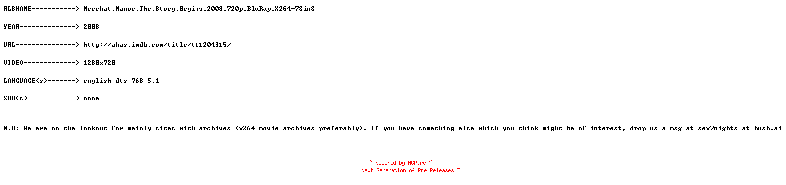 NFO for the release Meerkat.Manor.The.Story.Begins.2008.720p.BluRay.X264-7SinS by 7SinS
