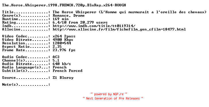 NFO for the release The.Horse.Whisperer.1998.FRENCH.720p.BluRay.x264-ROUGH by ROUGH