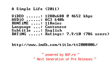 NFO for the release A.Simple.Life.2011.720p.BluRay.x264-MELiTE by MELiTE