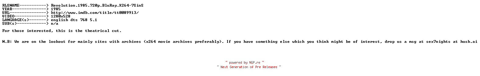 NFO for the release Revolution.1985.720p.BluRay.X264-7SinS by 7SinS