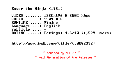 NFO for the release Enter.The.Ninja.1981.720p.BluRay.x264-MELiTE by MELiTE