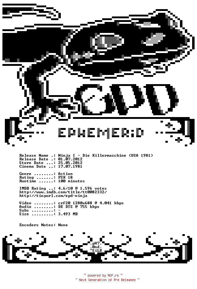 NFO for the release Ninja.Die.Killermaschine.1981.German.720p.BluRay.x264-EPHEMERiD by EPHEMERiD
