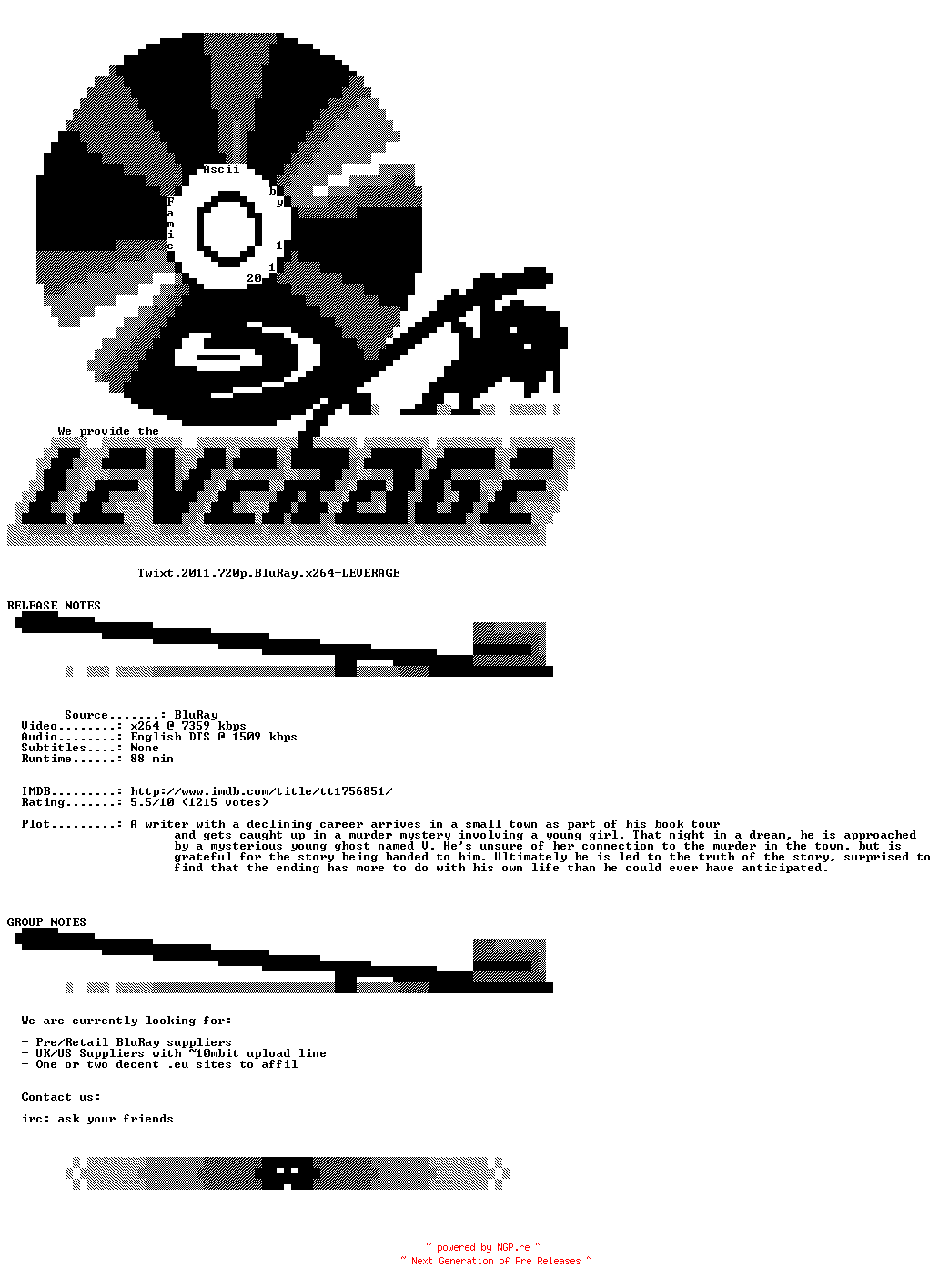 NFO for the release Twixt.2011.720p.BluRay.x264-LEVERAGE by LEVERAGE