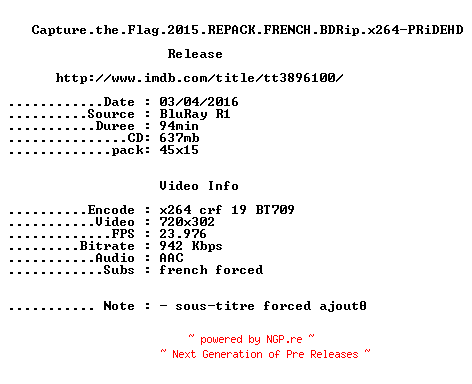 NFO for the release Capture.the.Flag.2015.REPACK.FRENCH.BDRip.x264-PRiDEHD by PRiDEHD