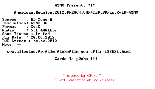 NFO for the release American.Reunion.2012.FRENCH.UNRATED.BDRip.XviD-AYMO by AYMO