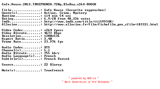NFO for the release Safe.House.2012.TRUEFRENCH.720p.BluRay.x264-ROUGH by ROUGH