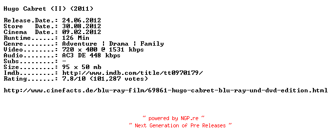 NFO for the release Hugo.Cabret.German.2011.AC3.BDRip.XviD-SLOW by SLOW
