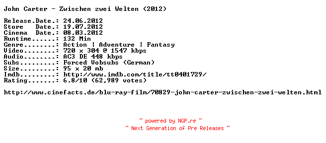 NFO for the release John.Carter.German.2012.AC3.BDRip.XviD-SLOW by SLOW