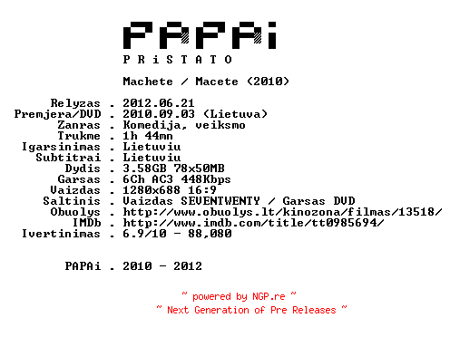 NFO for the release Machete.2010.720p.BluRay.x264-PPi by PPi