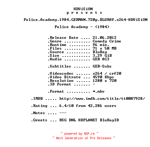 NFO for the release Police.Academy.1984.GERMAN.720p.BLURAY.x264-HDViSiON by HDViSiON