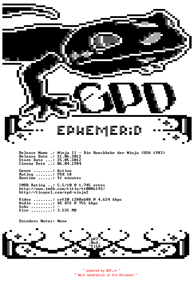 NFO for the release Die.Rueckkehr.der.Ninja.1983.German.720p.BluRay.x264-EPHEMERiD by EPHEMERiD