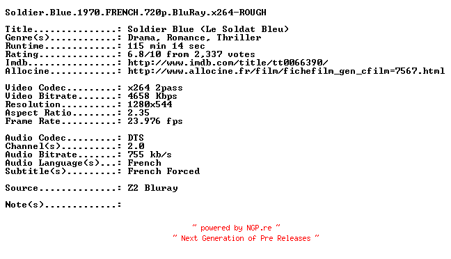 NFO for the release Soldier.Blue.1970.FRENCH.720p.BluRay.x264-ROUGH by ROUGH