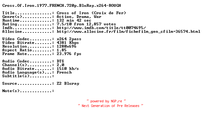 NFO for the release Cross.Of.Iron.1977.FRENCH.720p.BluRay.x264-ROUGH by ROUGH