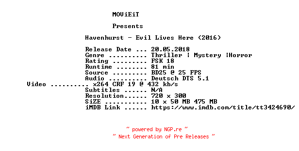 NFO for the release Havenhurst.German.2016.BDRiP.x264-MOViEiT by MOViEiT