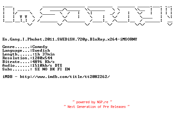 NFO for the release En.Gang.I.Phuket.2011.SWEDiSH.720p.BluRay.x264-iMSORNY by iMSORNY