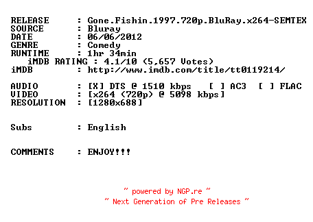 NFO for the release Gone.Fishin.1997.720p.BluRay.x264-SEMTEX by SEMTEX