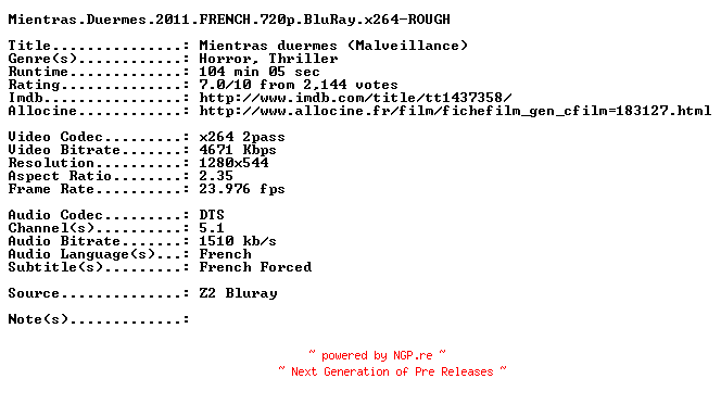 NFO for the release Mientras.Duermes.2011.FRENCH.720p.BluRay.x264-ROUGH by ROUGH