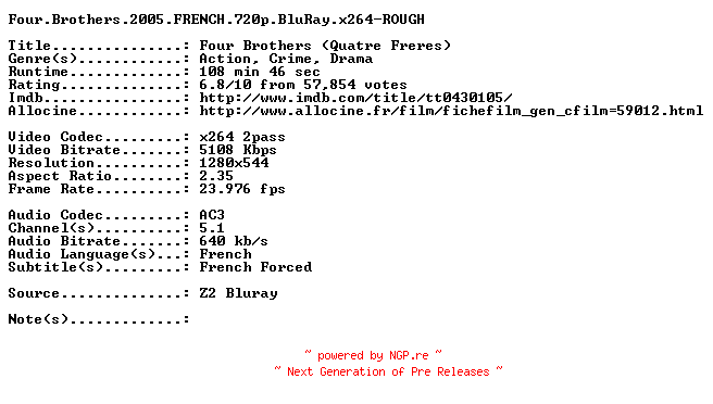 NFO for the release Four.Brothers.2005.FRENCH.720p.BluRay.x264-ROUGH by ROUGH