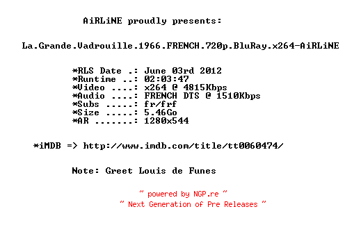 NFO for the release La.Grande.Vadrouille.1966.FRENCH.720p.BluRay.x264-AiRLiNE by AiRLiNE