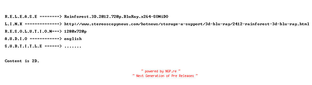 NFO for the release Rainforest.3D.2012.720p.BluRay.x264-SONiDO by SONiDO