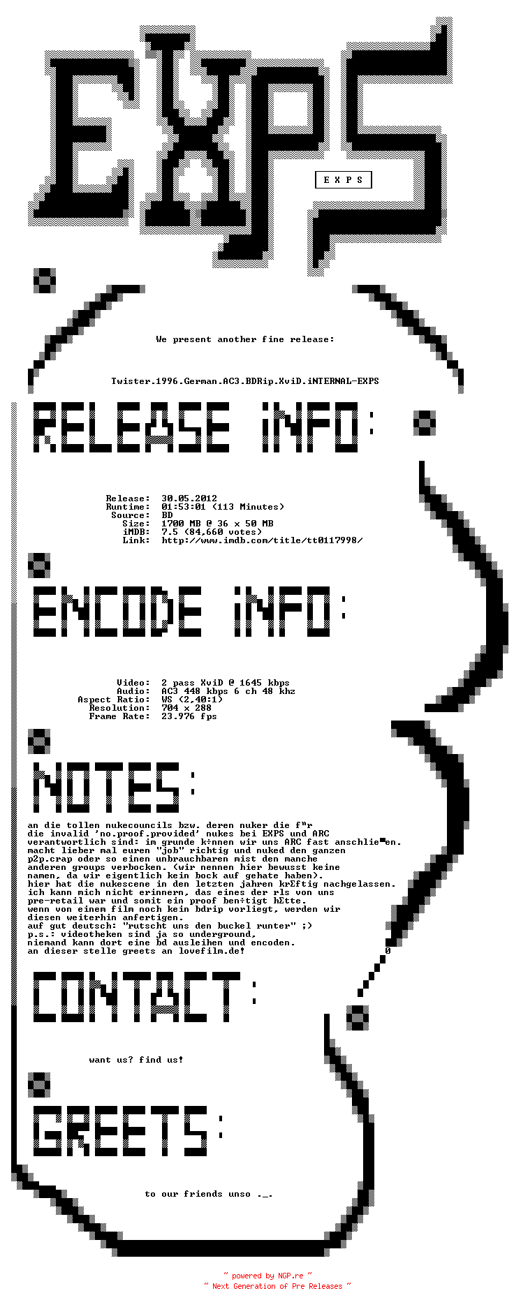 NFO for the release Twister.1996.German.AC3.BDRip.XviD.iNTERNAL-EXPS by EXPS