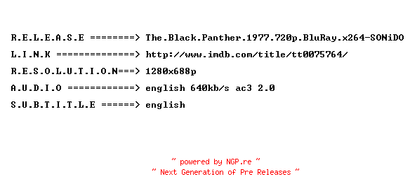 NFO for the release The.Black.Panther.1977.720p.BluRay.x264-SONiDO by SONiDO