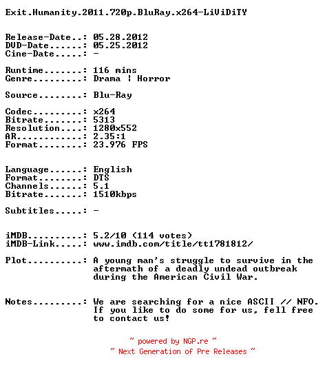 NFO for the release Exit.Humanity.2011.720p.BluRay.x264-LiViDiTY by LiViDiTY