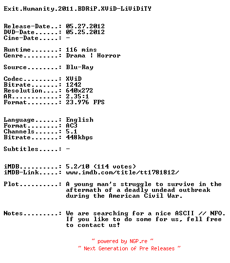 NFO for the release Exit.Humanity.2011.BDRiP.XViD-LiViDiTY by LiViDiTY