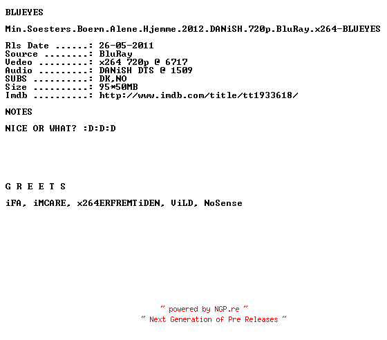 NFO for the release Min.Soesters.Boern.Alene.Hjemme.2012.DANiSH.720p.BluRay.x264-BLUEYES by BLUEYES