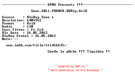 NFO for the release Goon.2011.FRENCH.BDRip.XviD-AYMO by AYMO
