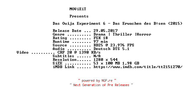 NFO for the release Das.Ouija.Experiment.6.2015.German.720p.BluRay.x264-MOViEiT by MOViEiT